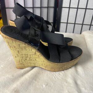 EUC Eurosuole Black Elastic Strap Wedge Sandals size 39 (8.5)
